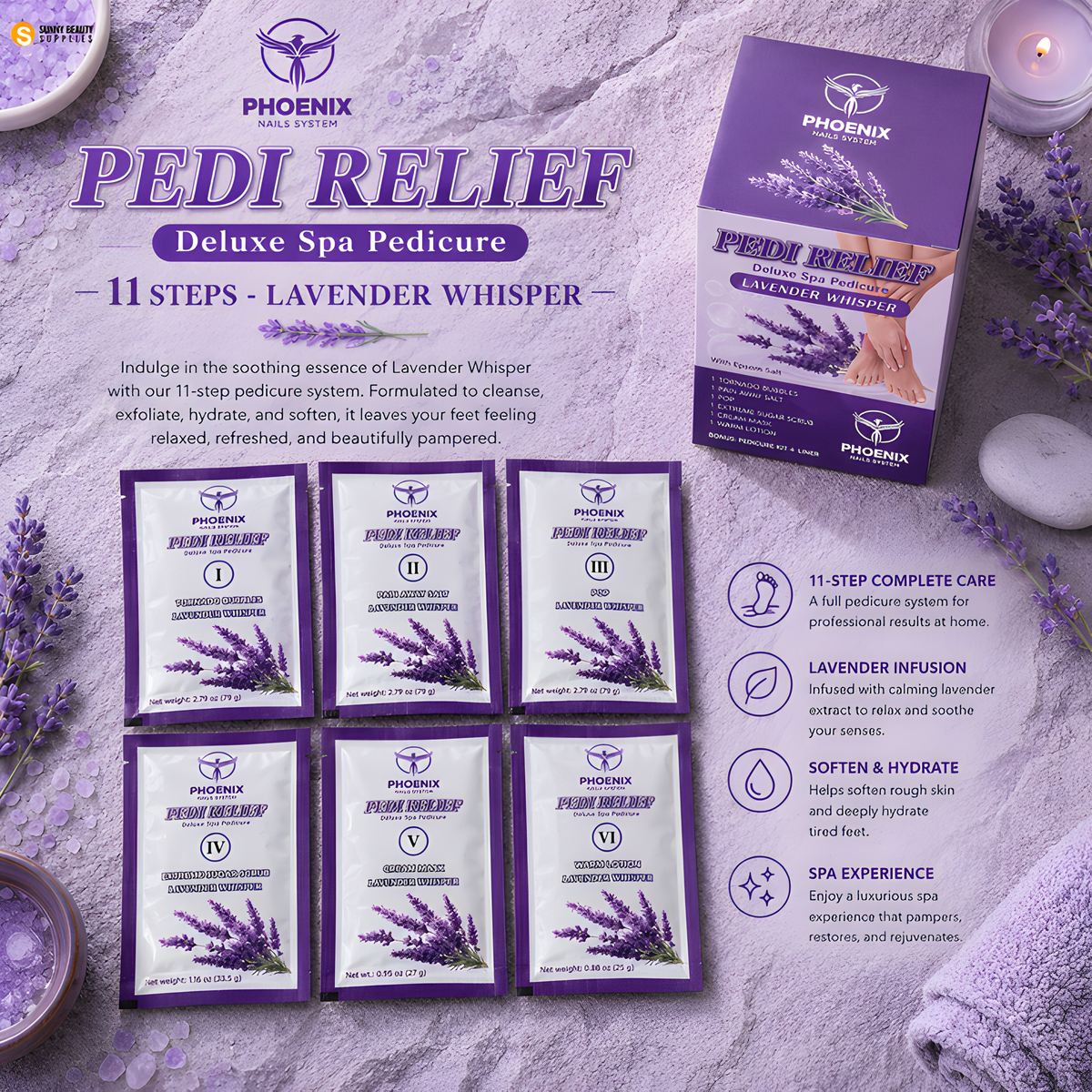 PHOENIX Pedi Relief Deluxe Spa Pedicure 11 Steps - Lavender Whisper