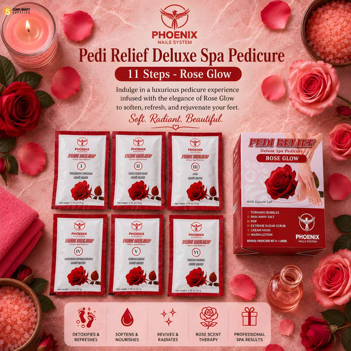 PHOENIX Pedi Relief Deluxe Spa Pedicure 11 Steps - Rose Glow