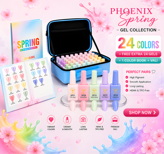 Phoenix Spring Gel Collection 24 Colors - Free Extra 24 Gels + 1 Color Book + Vali + Free 6 MS Acrylic Powders 2oz