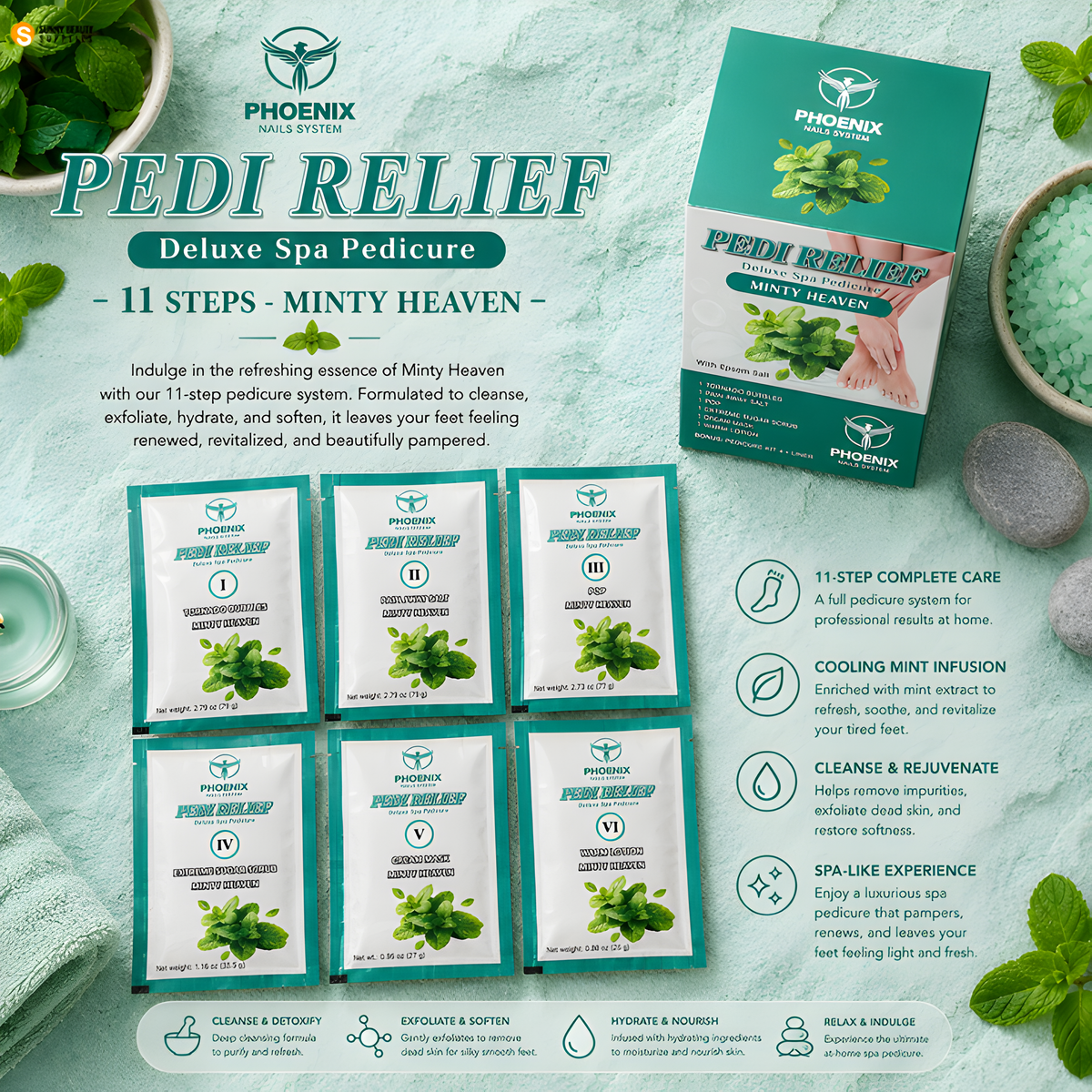 PHOENIX Pedi Relief Deluxe Spa Pedicure 11 Steps - Minty Heaven